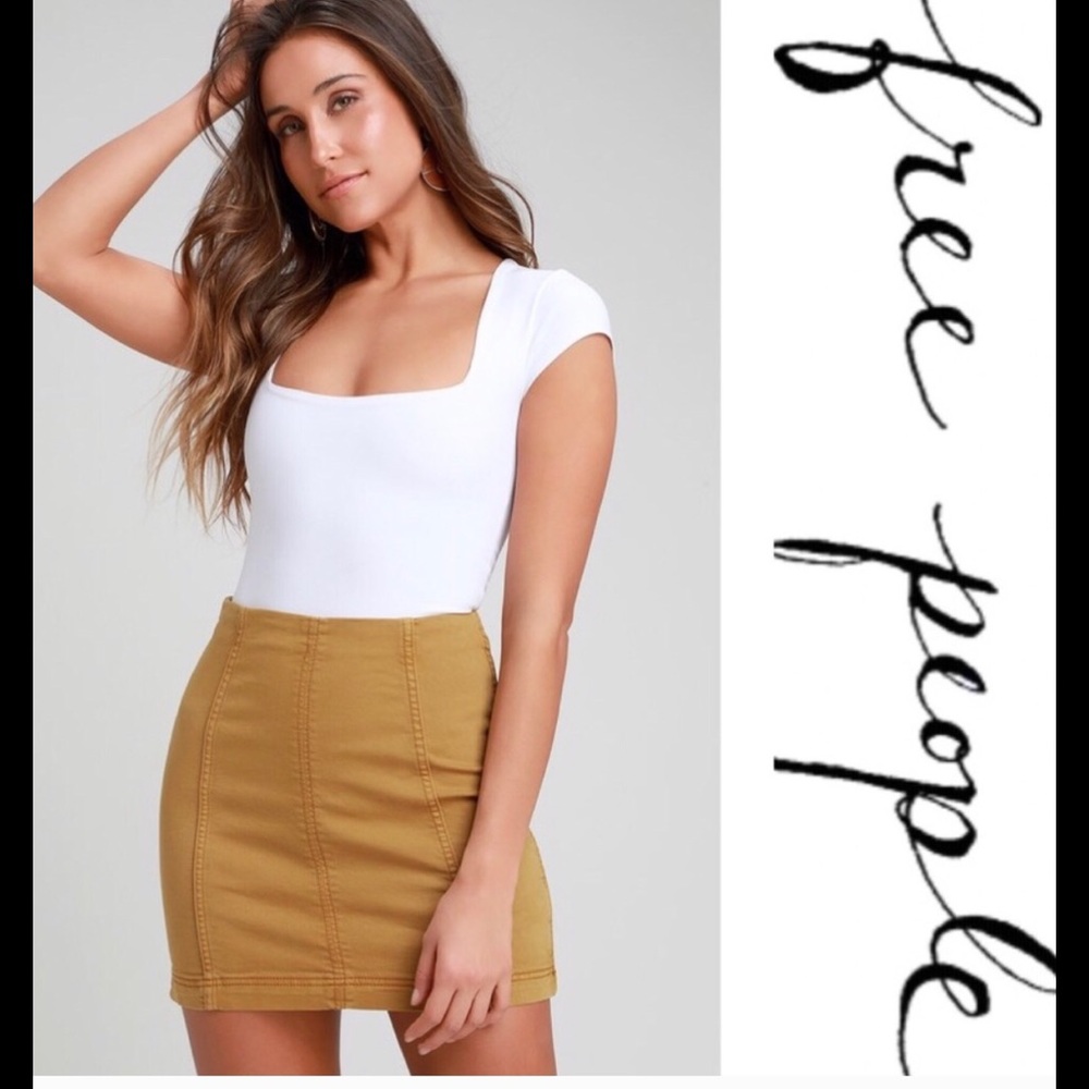 Free People Gold Fields Stretch Denim Skirt Mustard Contrast Stitch Size 2 NWT - Picture 7 of 9